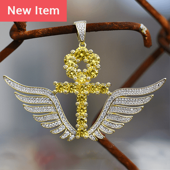 Ankh Cross Canary Lab Diamond Yellow Gold Over Silver Pendant